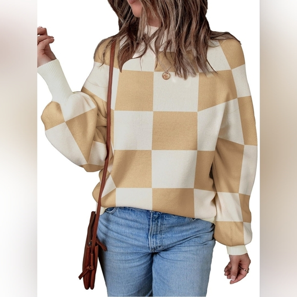 MOSHU Oversized Sweaters for Women Drop Shoulder Plaid Colorblock Tops - Picture 2 of 4